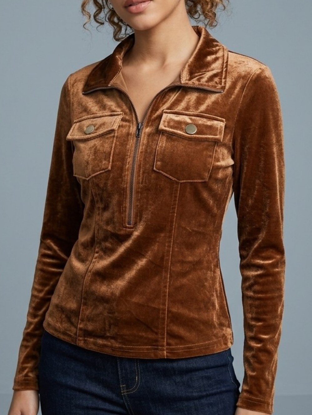 NWT Vintage-Style Velour Half-Zip Long Sleeve Top Flap Pockets Cognac Brown XS